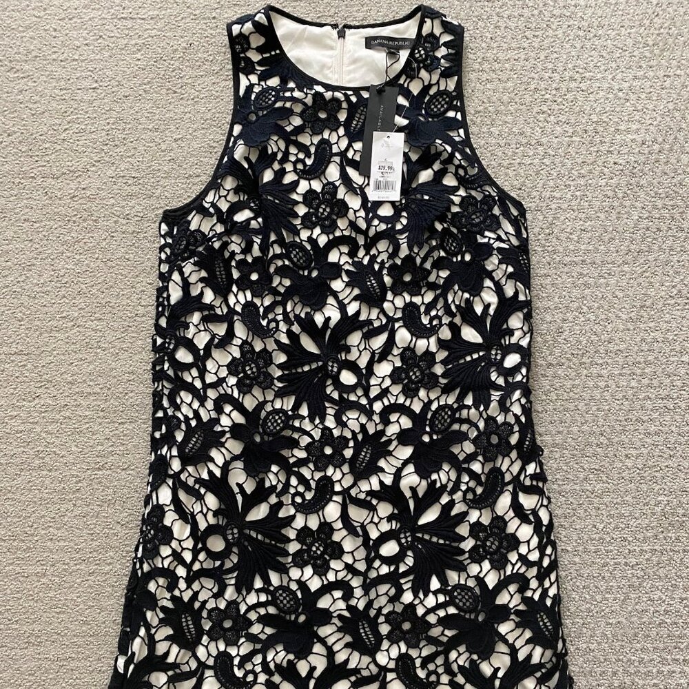 NWT Banana Republic Women's Sleeveless Crochet Layered Dress, Black, Size 6